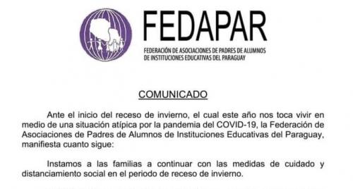 A raíz de contagios de adolescentes y sus padres por reuniones entre compañeros FEDAPAR emitió un comunicado